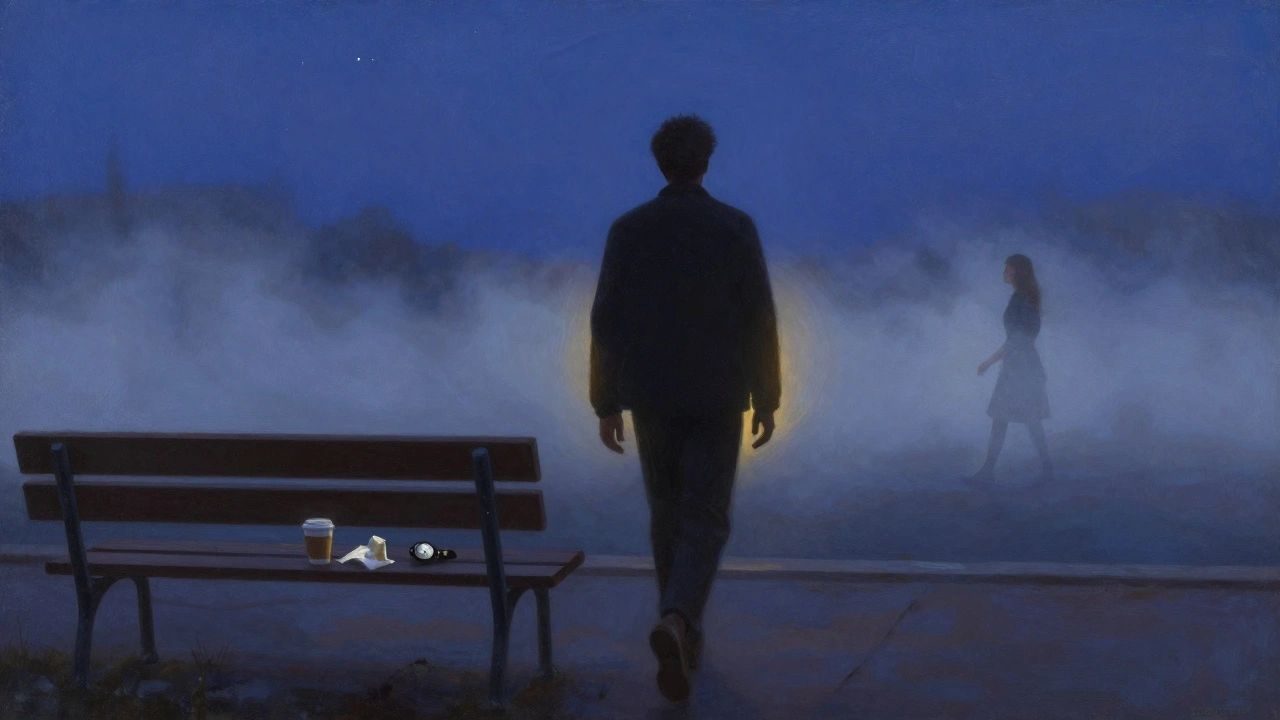 Man walking away from empty café bench at dusk, symbolizing self-respect and victory.