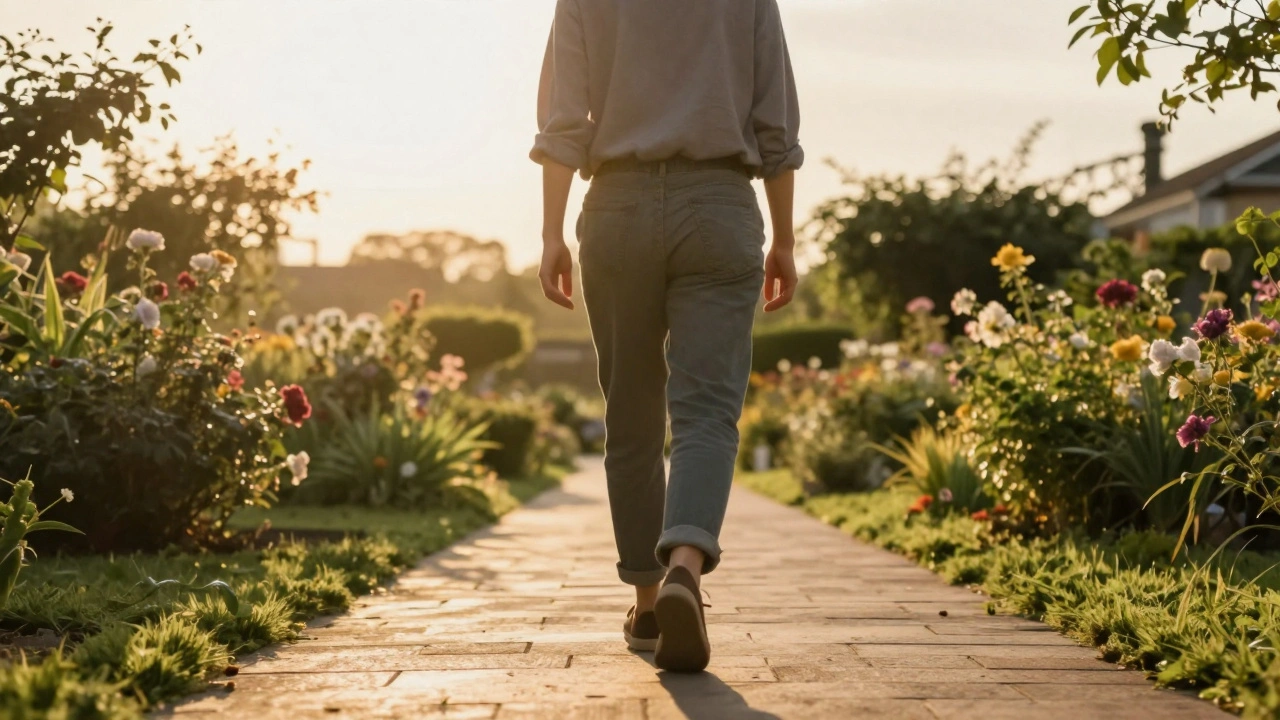 Mens loopt zelfverzekerd weg bij zonsopgang op groen pad.