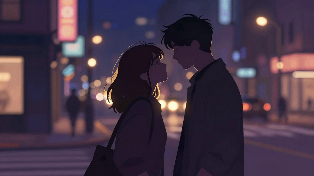 Twee mensen die lachen tijdens een eerste ontmoeting bij nacht.