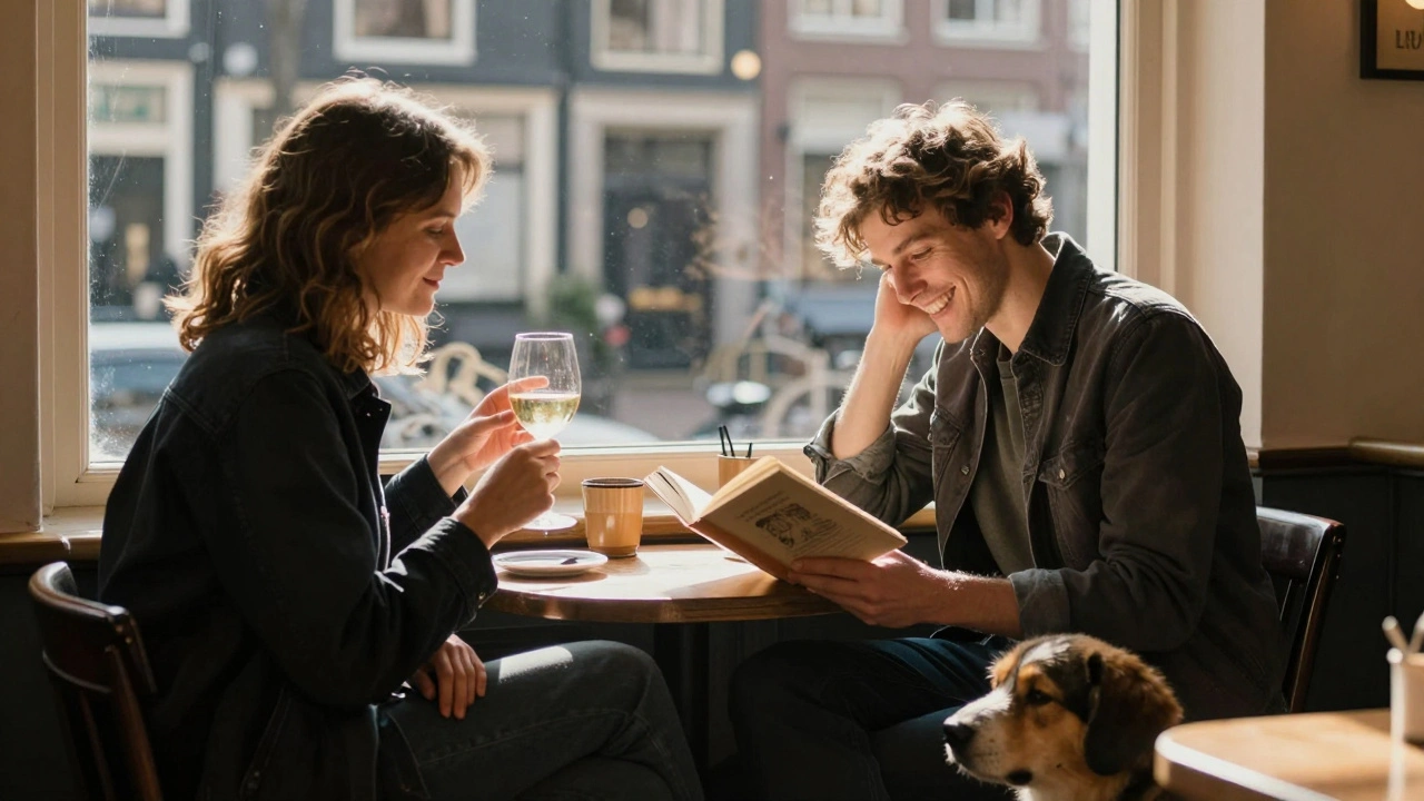 Twee mensen in een café in Amsterdam, lachend met wijn, geen telefoons, een hond aan hun voeten.