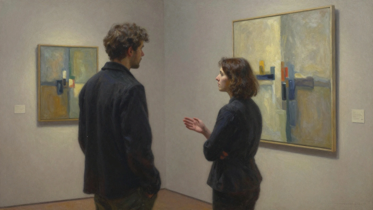 Twee personen bespreken een kunstwerk in een stil museum.