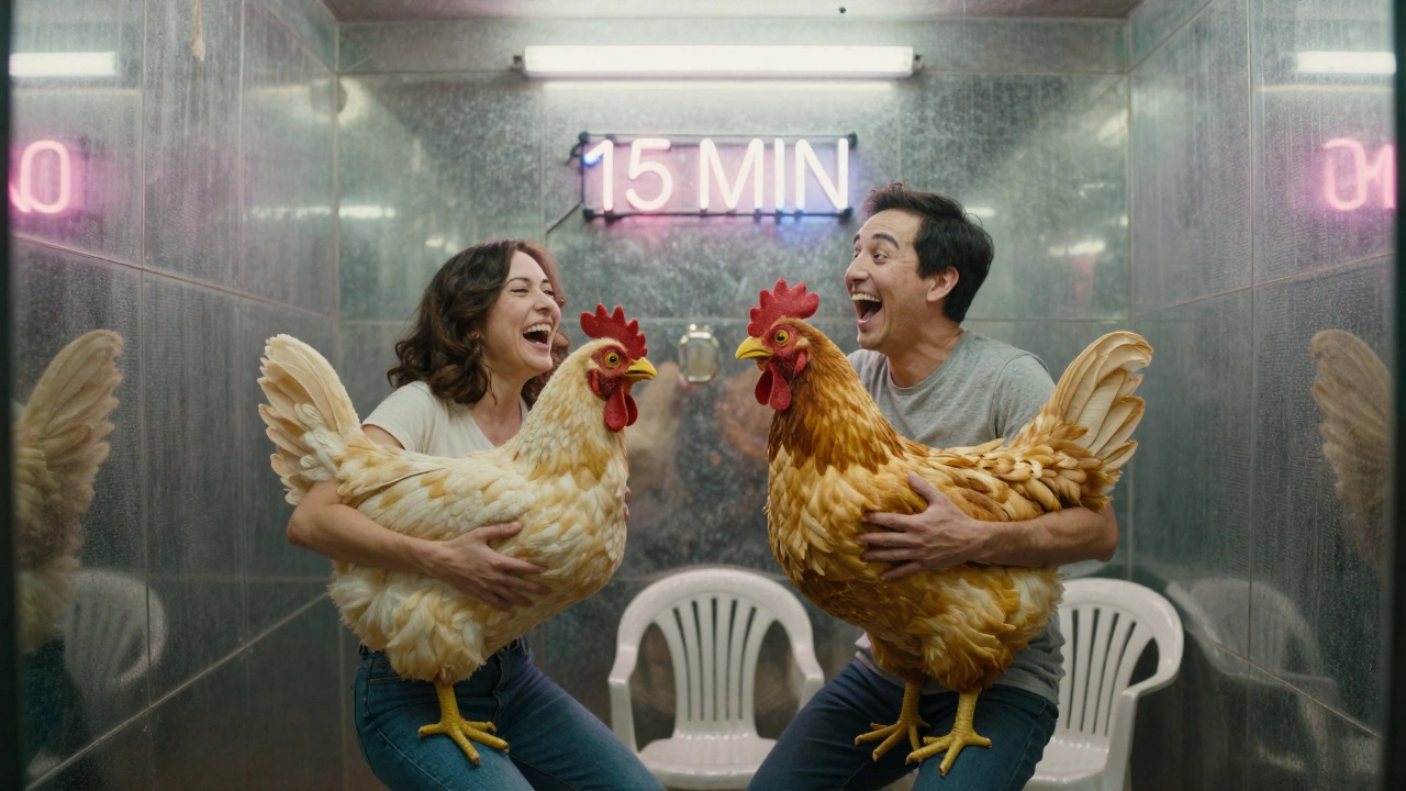 Twee volwassenen imiteren een kip in een kleine kamer met spiegel, lachend en zonder enige serieusheid.